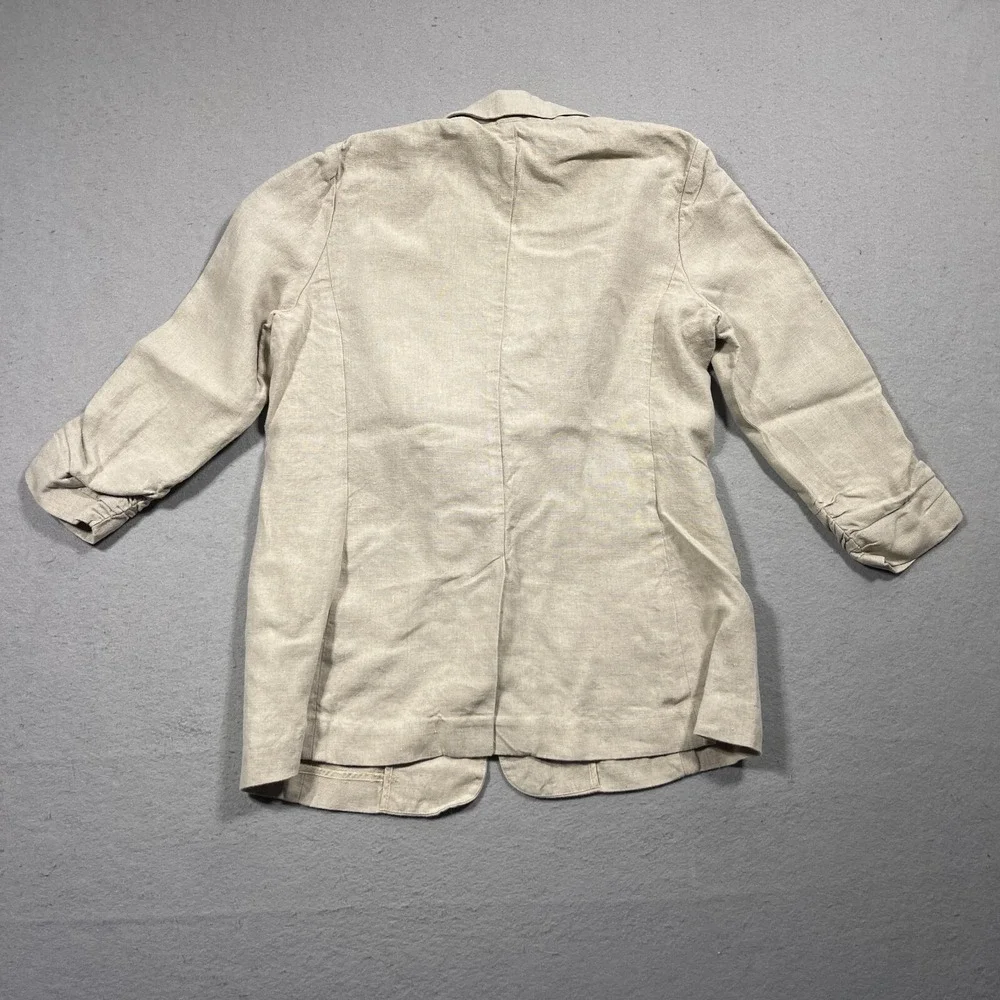 Michael Kors Linen Blazer Women 10 Regular Ruched Sleeve Beige Minimalist Summer